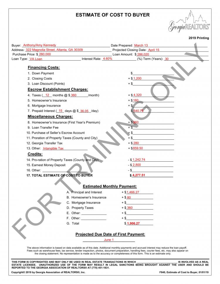 Estimate of Cost to Buyer.