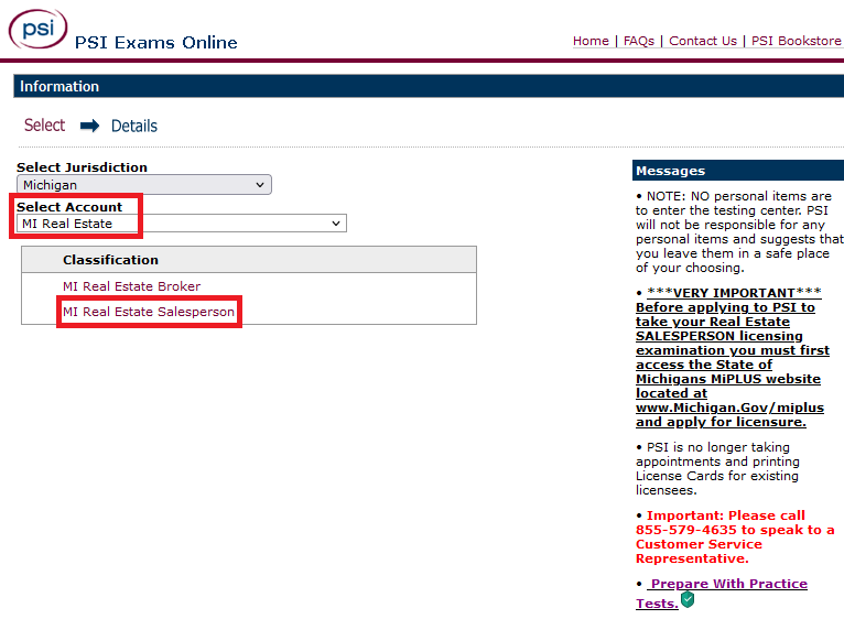Selecting MI Real Estate and MI Real Estate Salesperson on the PSI website