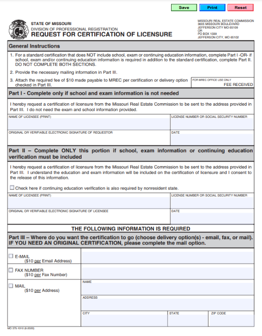 The MDPR website that shows the ‘Request for Certification of Licensure’ form.