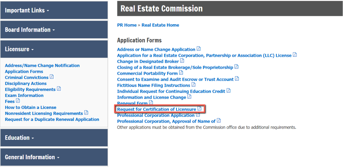 The MDPR website that shows the ‘Request for Certification of Licensure’ tab.