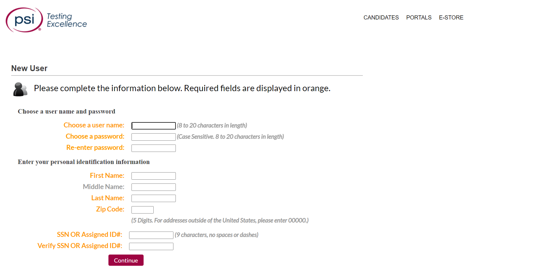 PSI page where you must enter personal information to create a user ID.