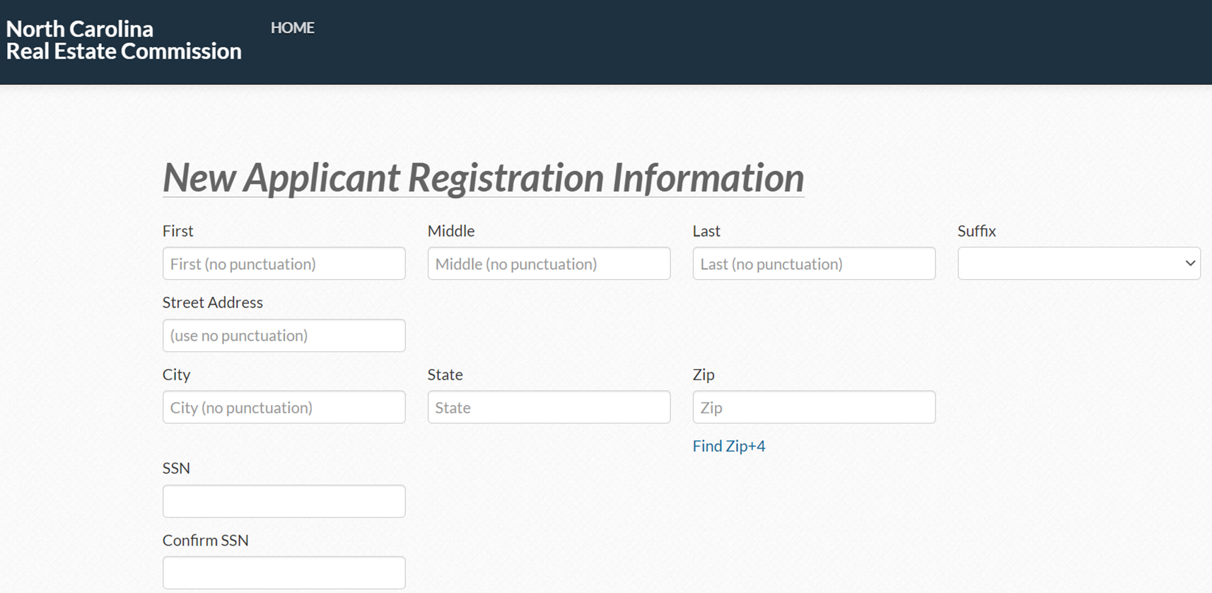 New Applicant for NC Real Estate License Registration Information page.