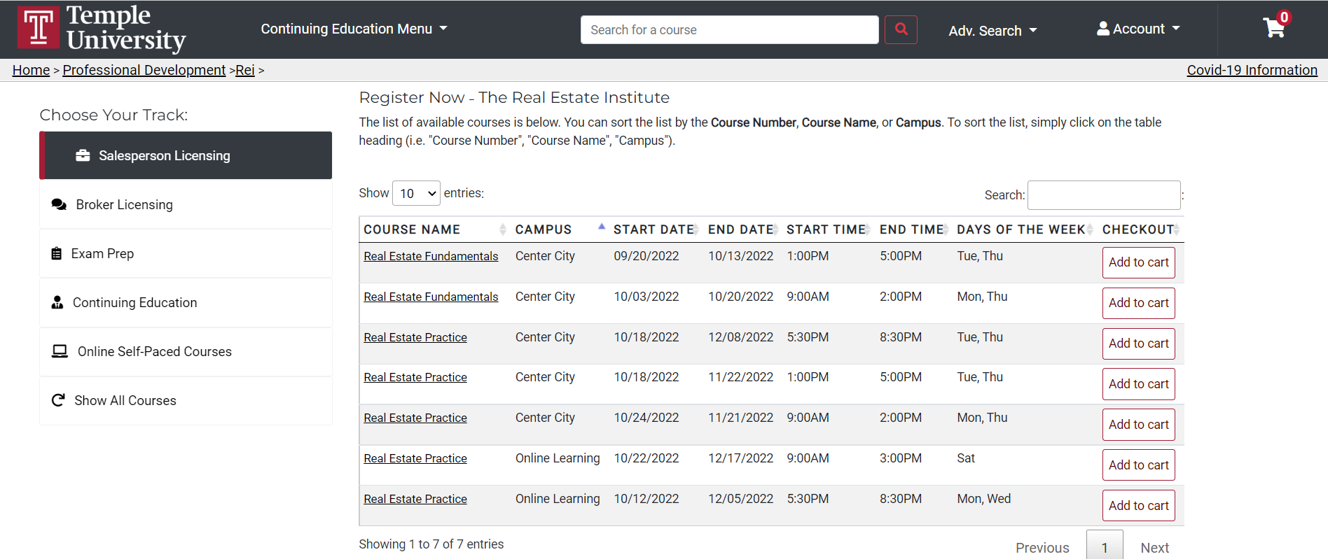 Advertisement for PA Real Estate Prelicensing and PA Broker Prelicensing - Temple University.