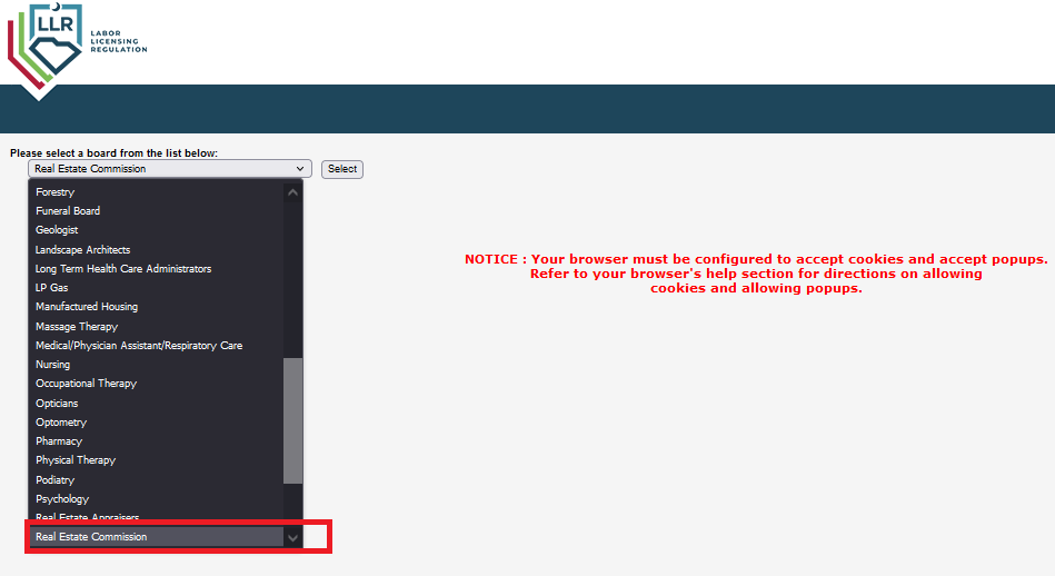 The LLR website where the ‘Real Estate Commision’ option is highlighted.