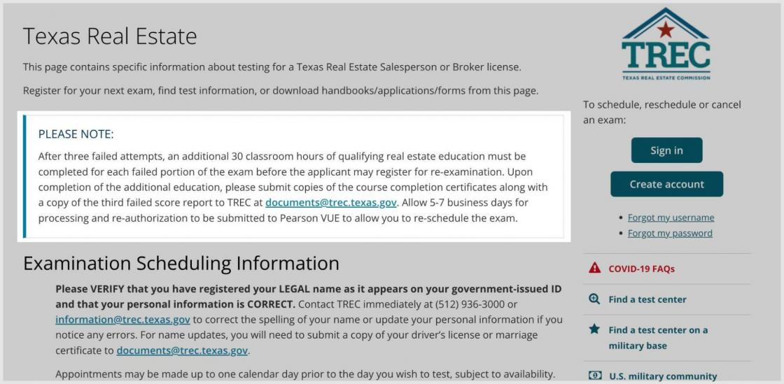 Requirement to retake 30 hour course if you fail the Texas real estate exam 3 times in a row.