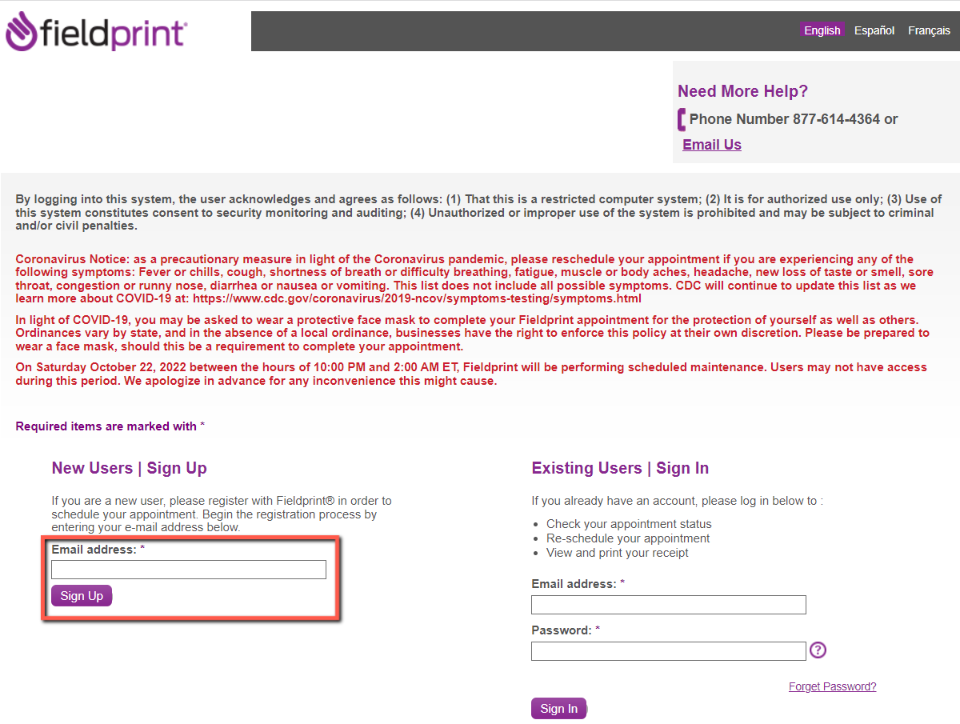 Fieldprint sign up page.