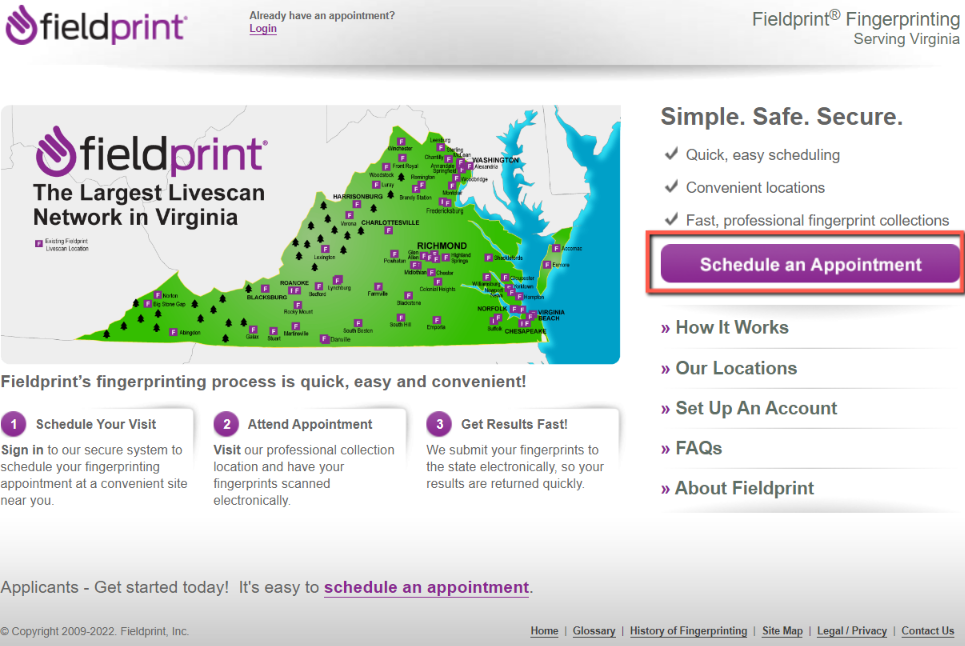 Fieldprint website to schedule a fingerprint appointment.