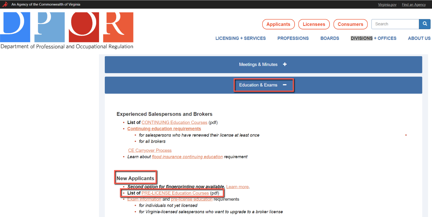 Pre-License Education providers link on Virginia DPOR website.