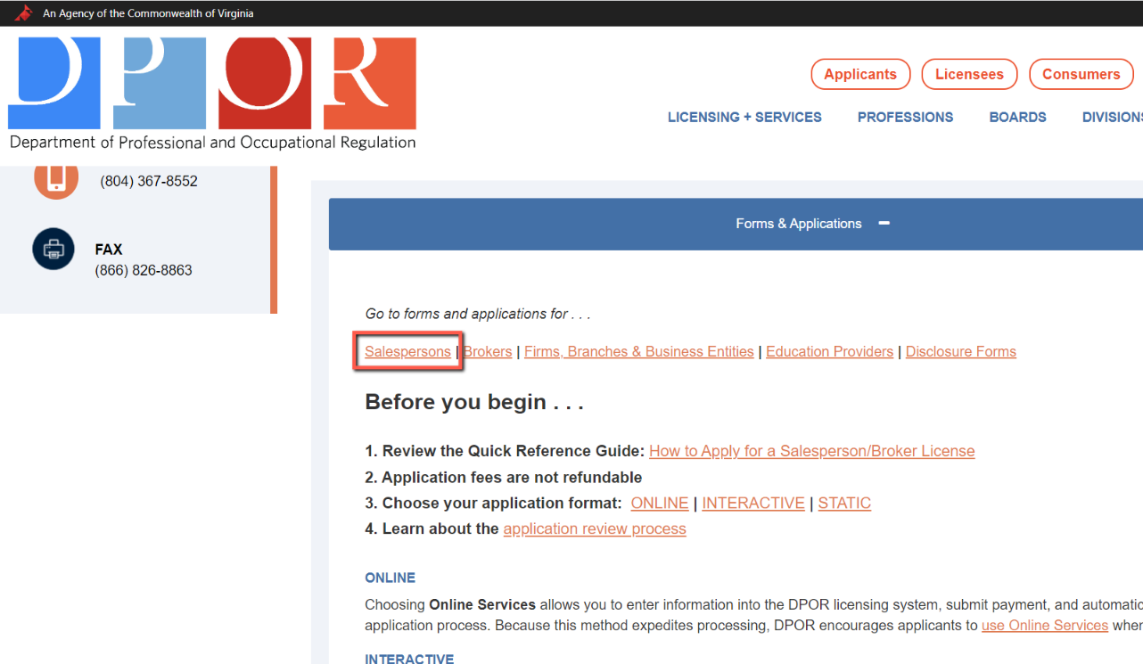 Virginia DPOR Real Estate Salesperson License application page.