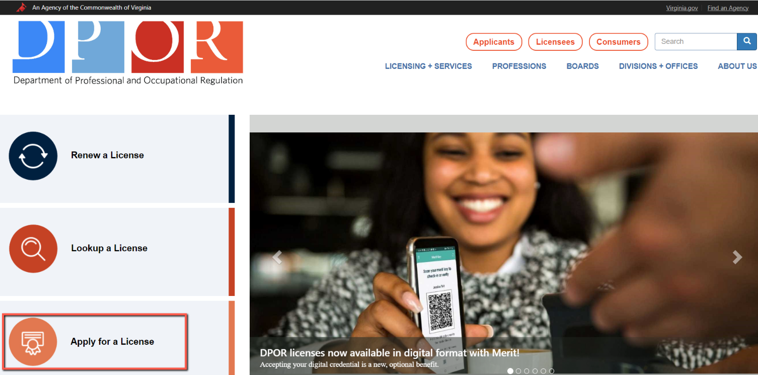 Apply for a License tab on Virginia DPOR website.
