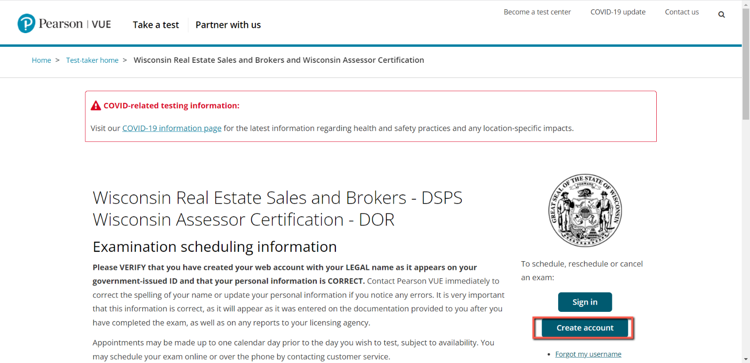 Pearson Vue website page to create an account to schedule the Wisconsin real estate exam.
