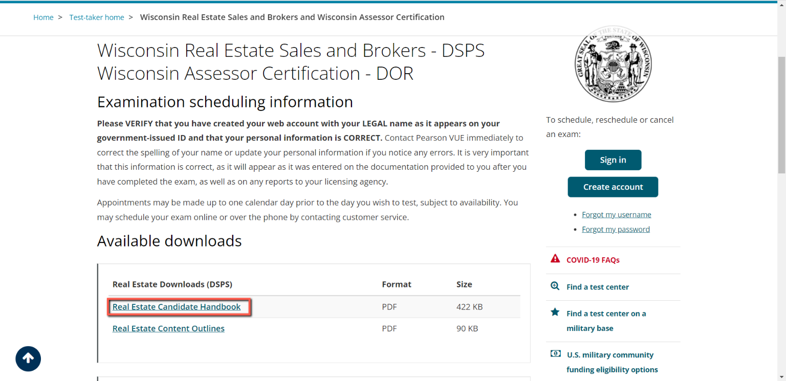 Pearson Vue website to download the Real Estate Candidate Handbook.